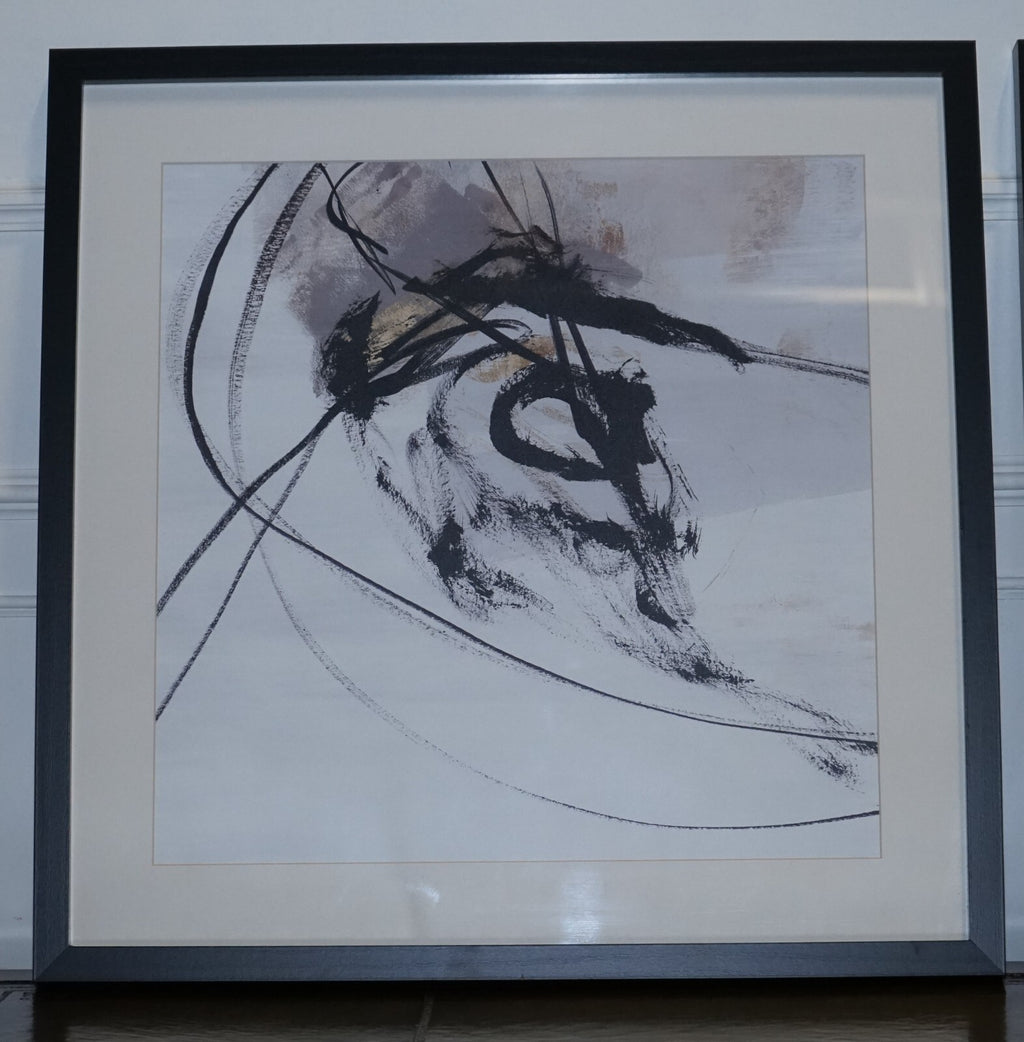 PAIR OF MODERN ART CHARCOAL STYLE WALL PAINTINGS  BLACK FRAME 1/2