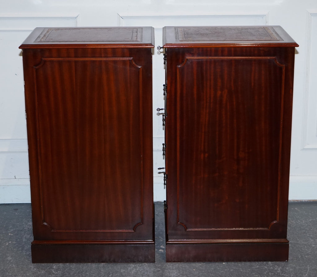 PAIR OF FILLING CABINETS BURGUNDY LEATHER GOLD EMBOSSED TOP 3 SPACIOUS DRAWERS