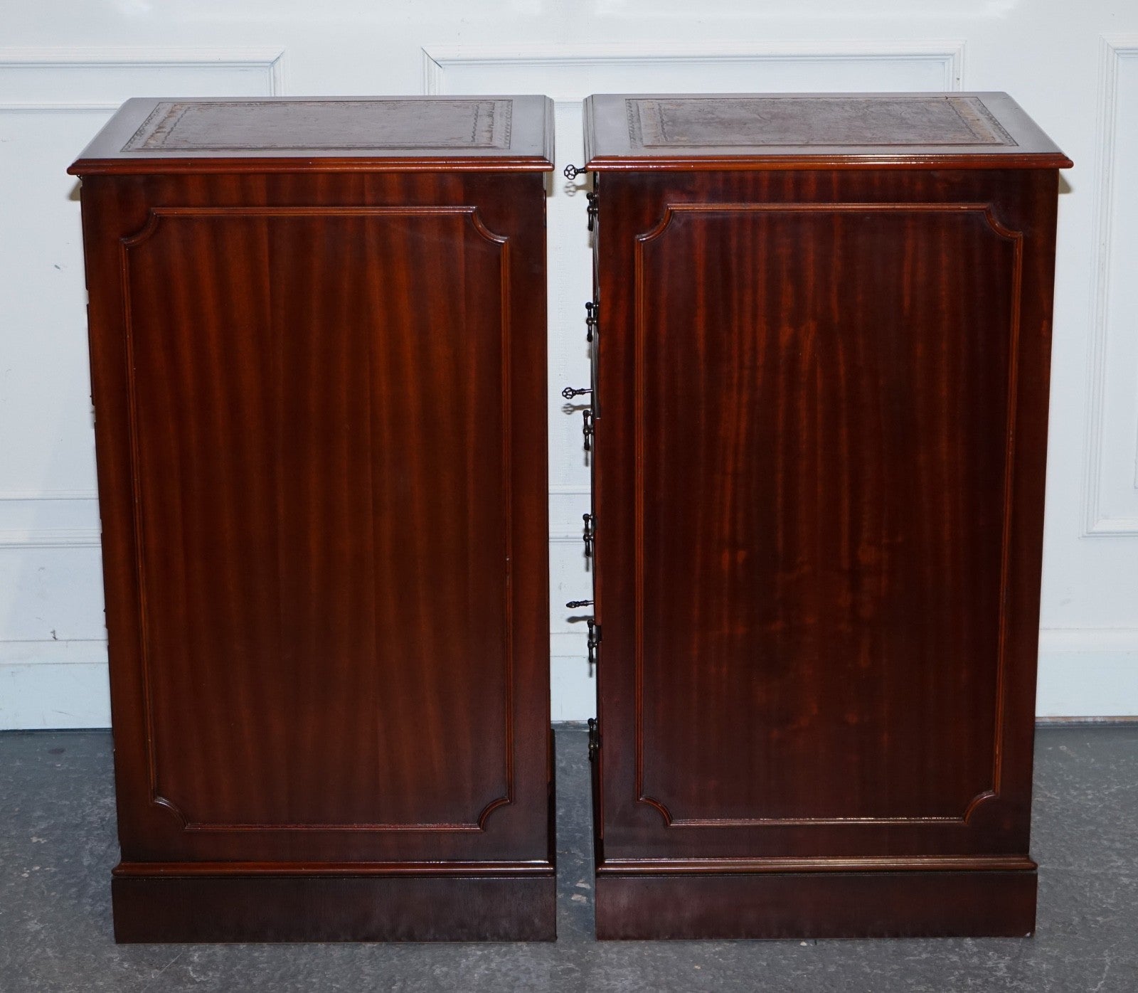PAIR OF FILLING CABINETS BURGUNDY LEATHER GOLD EMBOSSED TOP 3 SPACIOUS DRAWERS