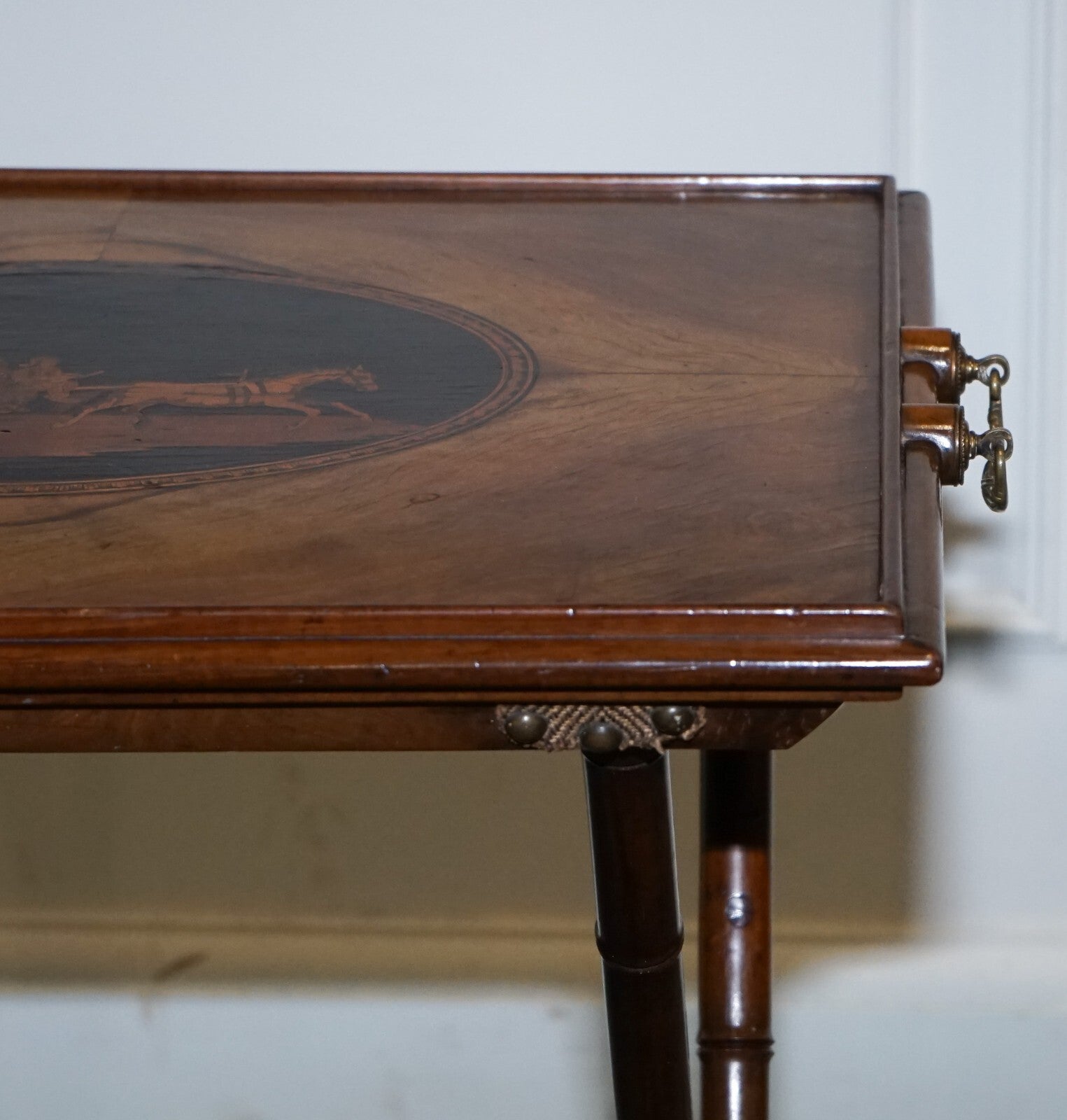 VICTORIAN DOUBLE SIDED SERVING TRAY ON BAMBOO STAND BRASS HANDLES MARQUETRY TOP