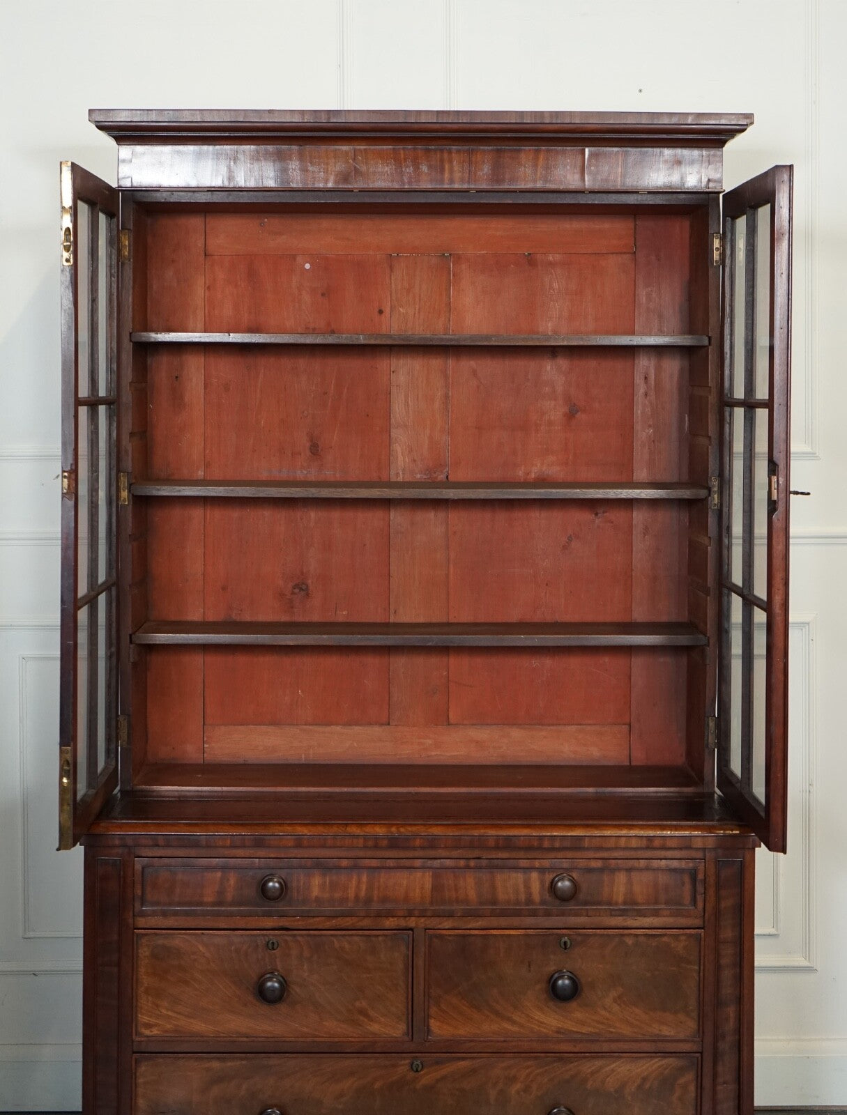 ANTIQUE DRESSER BOOKCASE DISPLAY CABINET ON CHEST OF DRAWERS BLACK LEATHER TOP