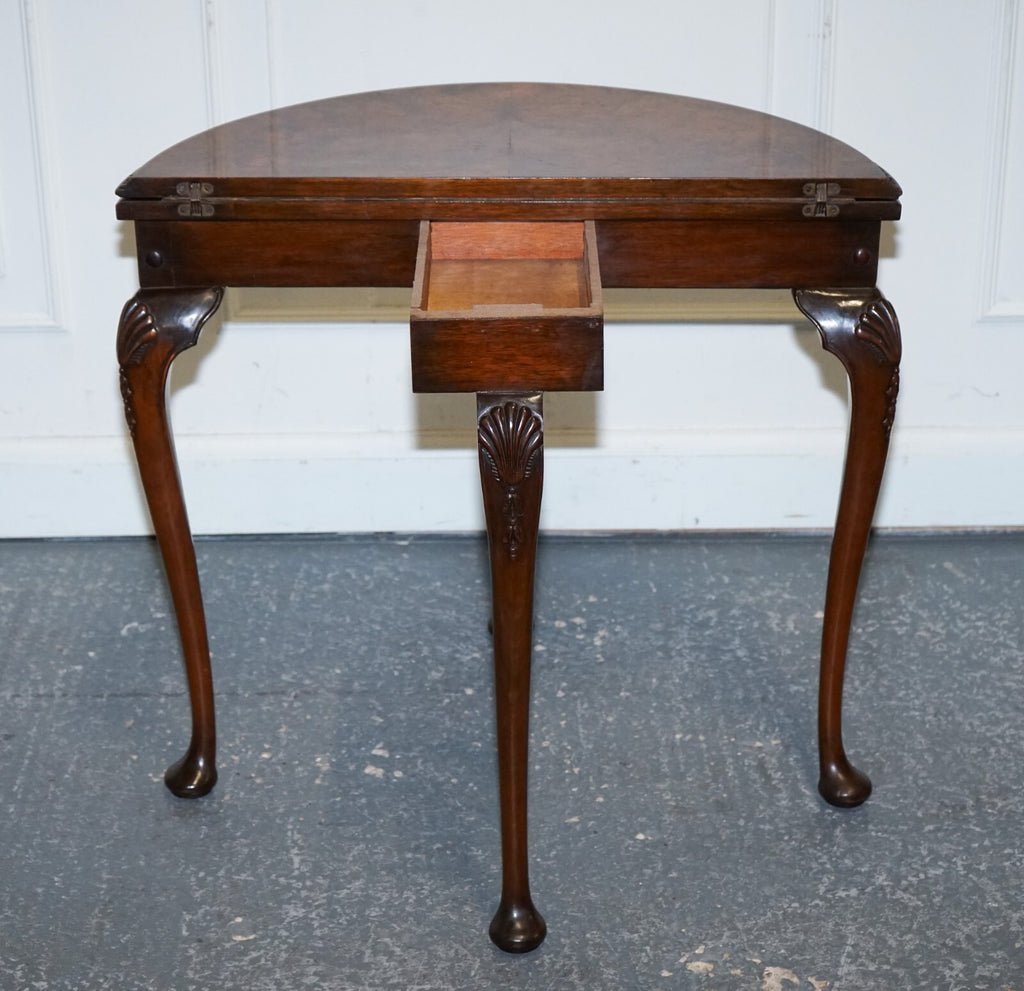 ANTIQUE BURR WALNUT DEMI LUNE CARD GAMES SIDE OCCASIONAL TABLE