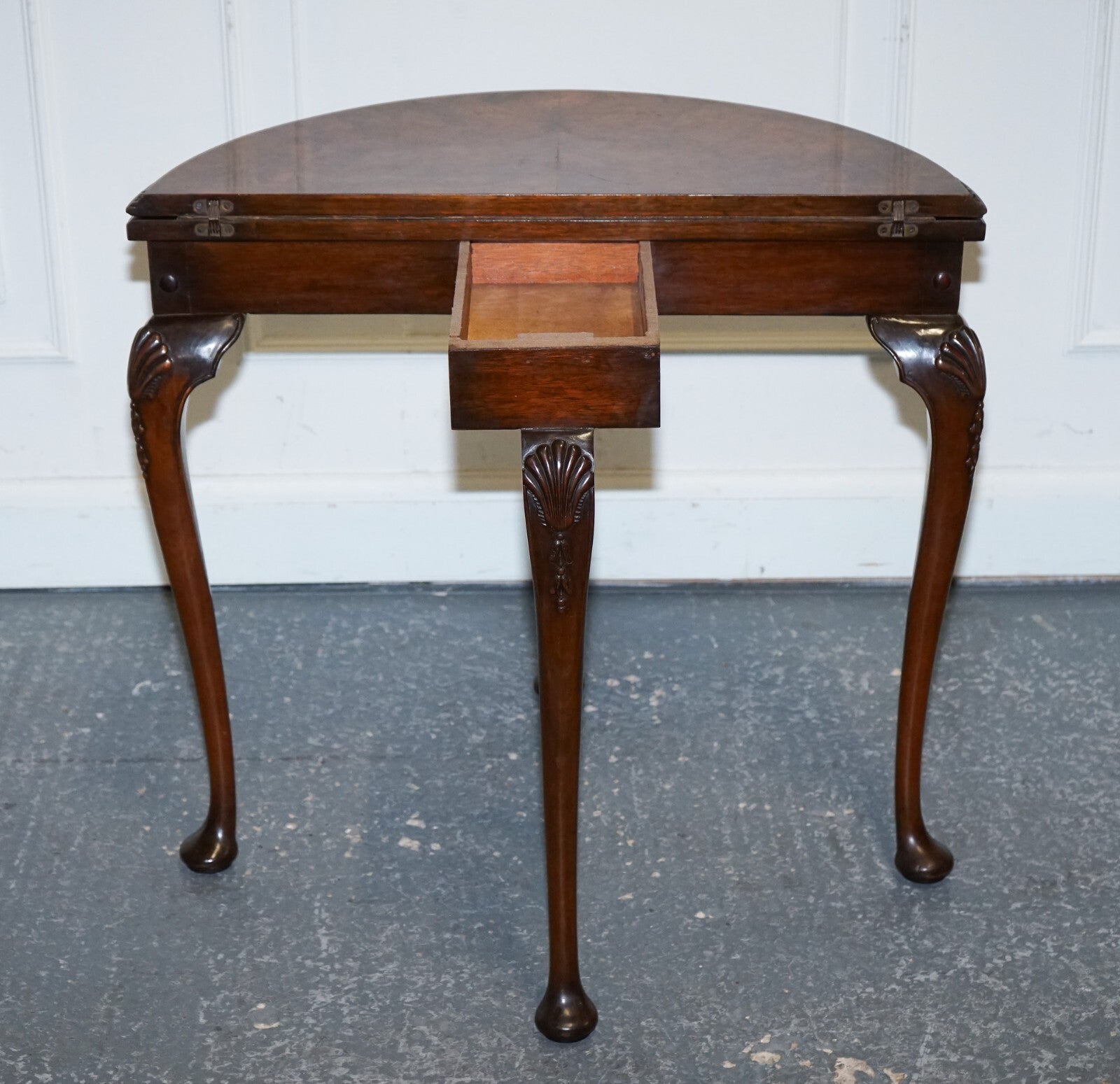 ANTIQUE BURR WALNUT DEMI LUNE CARD GAMES SIDE OCCASIONAL TABLE