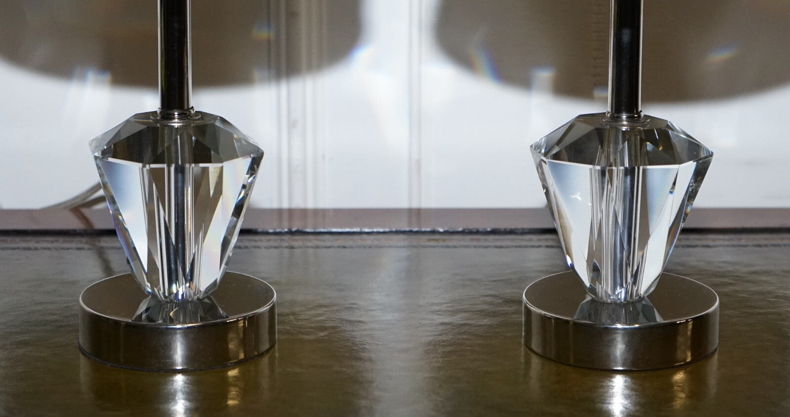 LOVELY PAIR OF DIAMOND GLASS DESIGN ON STAINLESS STEEL BASE BABY BLUE SHADES