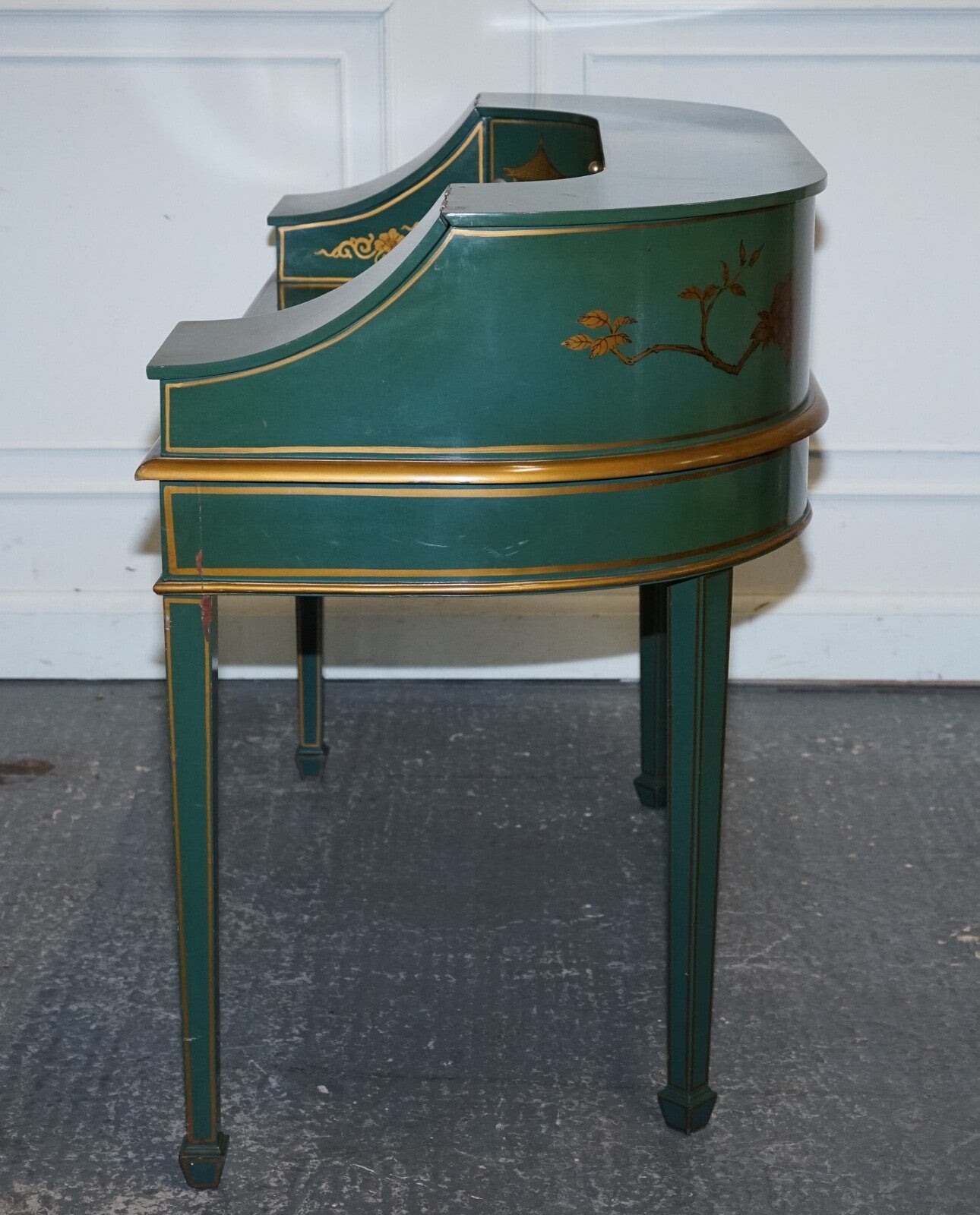 ORIENTAL CHINOISERIE GREEN & GOLD CARLTON DESK WITH MATCHING ARMCHAIR