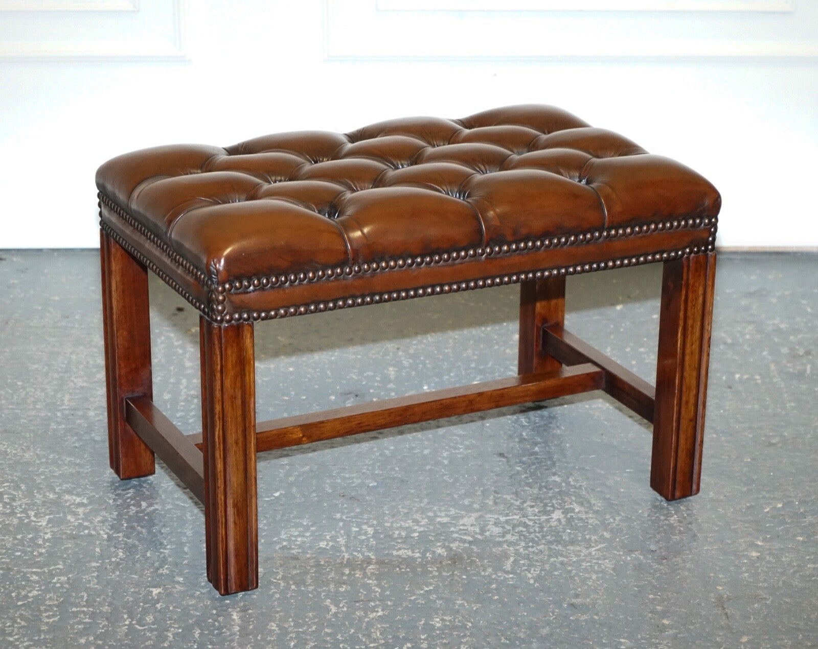 VINTAGE FULLY RESTORED CHESTERFIELD HAND DYED BROWN LEATHER TUFFED FOOTSTOOL