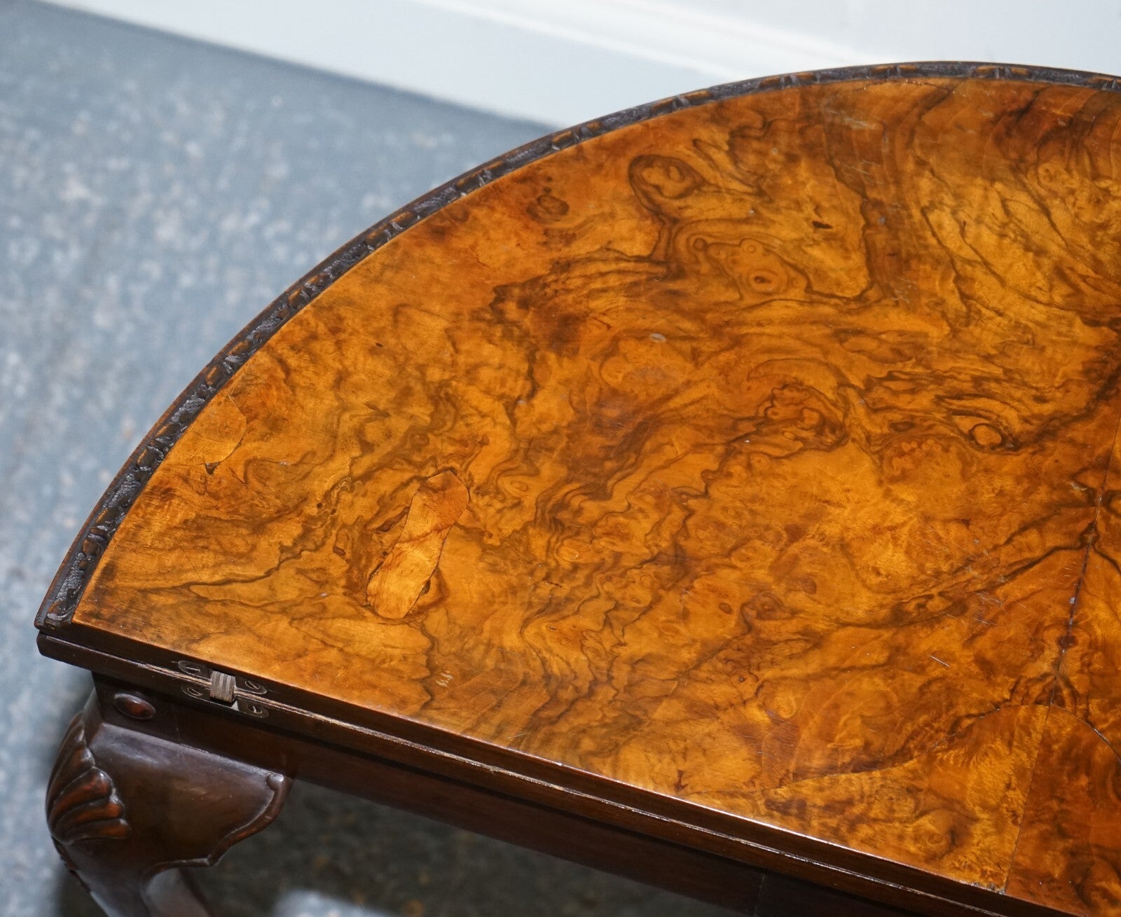 ANTIQUE BURR WALNUT DEMI LUNE CARD GAMES SIDE OCCASIONAL TABLE