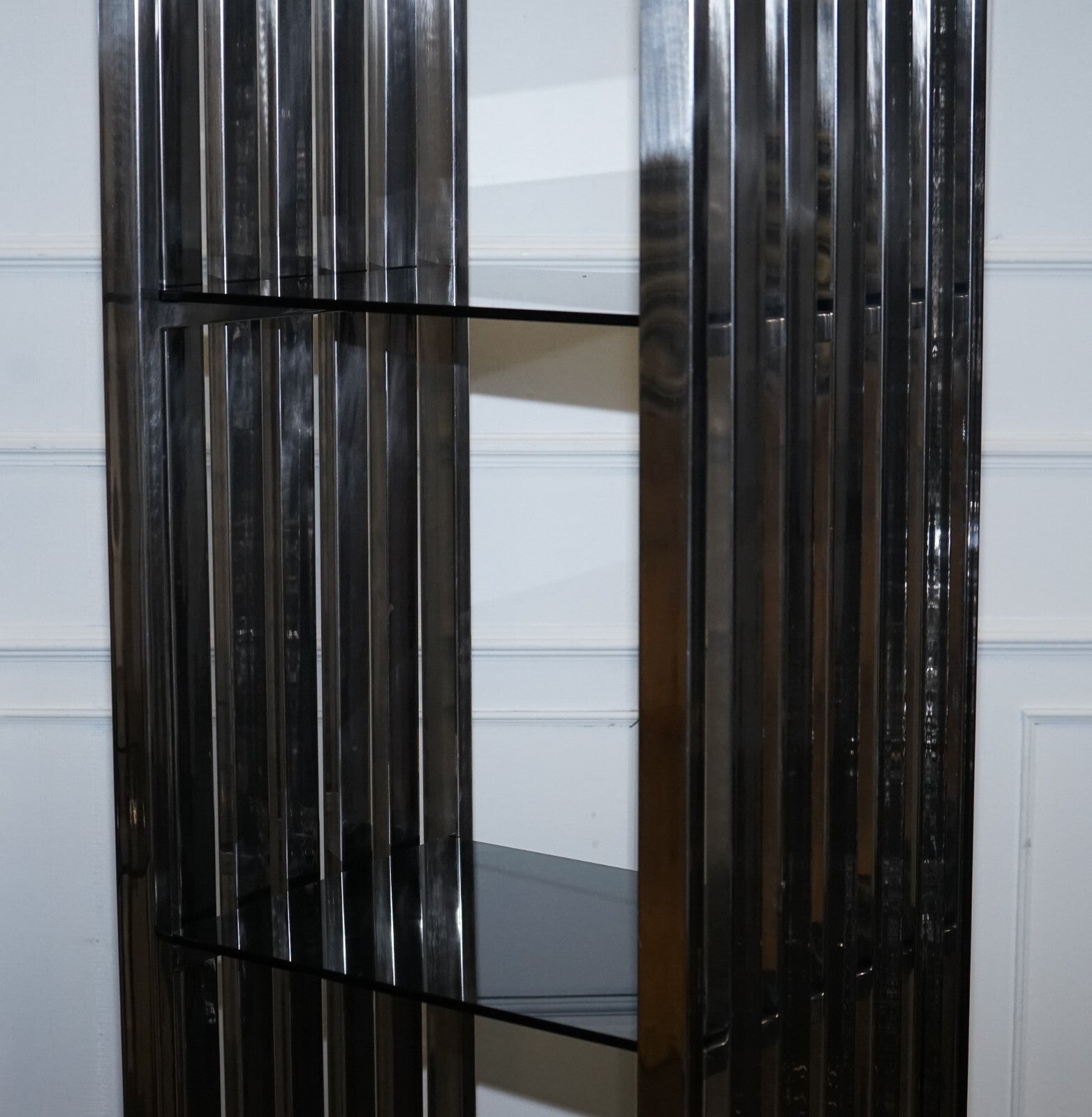 STUNNING CASA PADRINO STAINLESS STEEL PAIR OF BOOKCASES AND SMOKED GLASS SHELFS