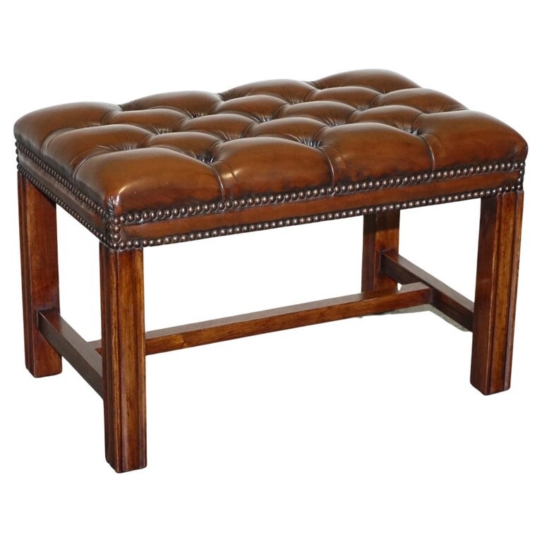 VINTAGE FULLY RESTORED CHESTERFIELD HAND DYED BROWN LEATHER TUFFED FOOTSTOOL
