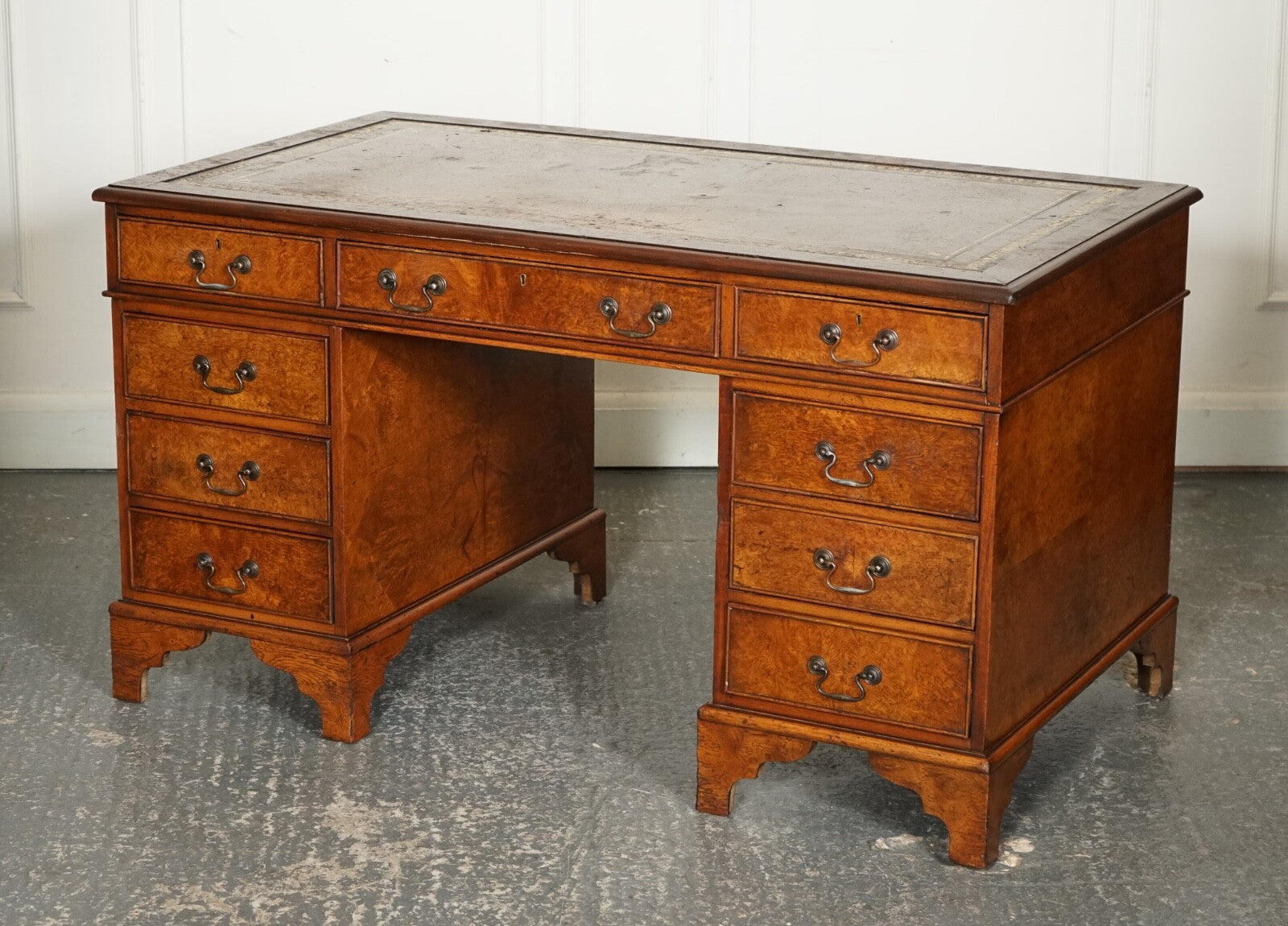 VINTAGE BURR WALNUT TWIN PEDESTAL BROWN LEATHER TOP DESK GOLD EMBOSSED TOOLING