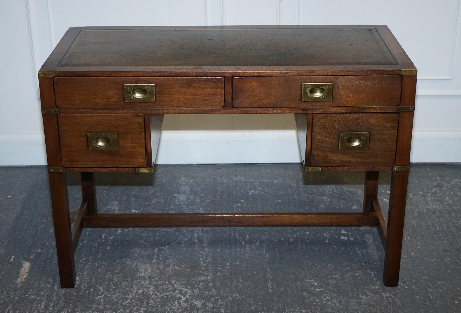 VINTAGE HARRODS LONDON KENNEDY MILITARY CAMPAIGN LEATHER TOP WRITING TABLE DESK