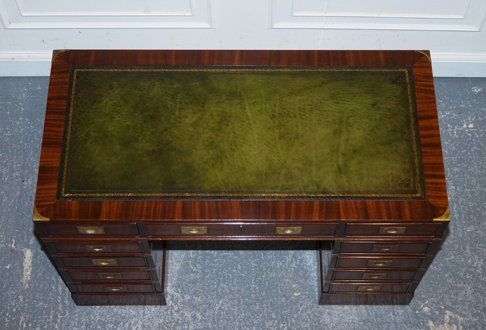 FINE RESTORED MILITARY CAMPAIGN TWIN PEDESTAL DESK WITH GREEN LEATHER TOP
