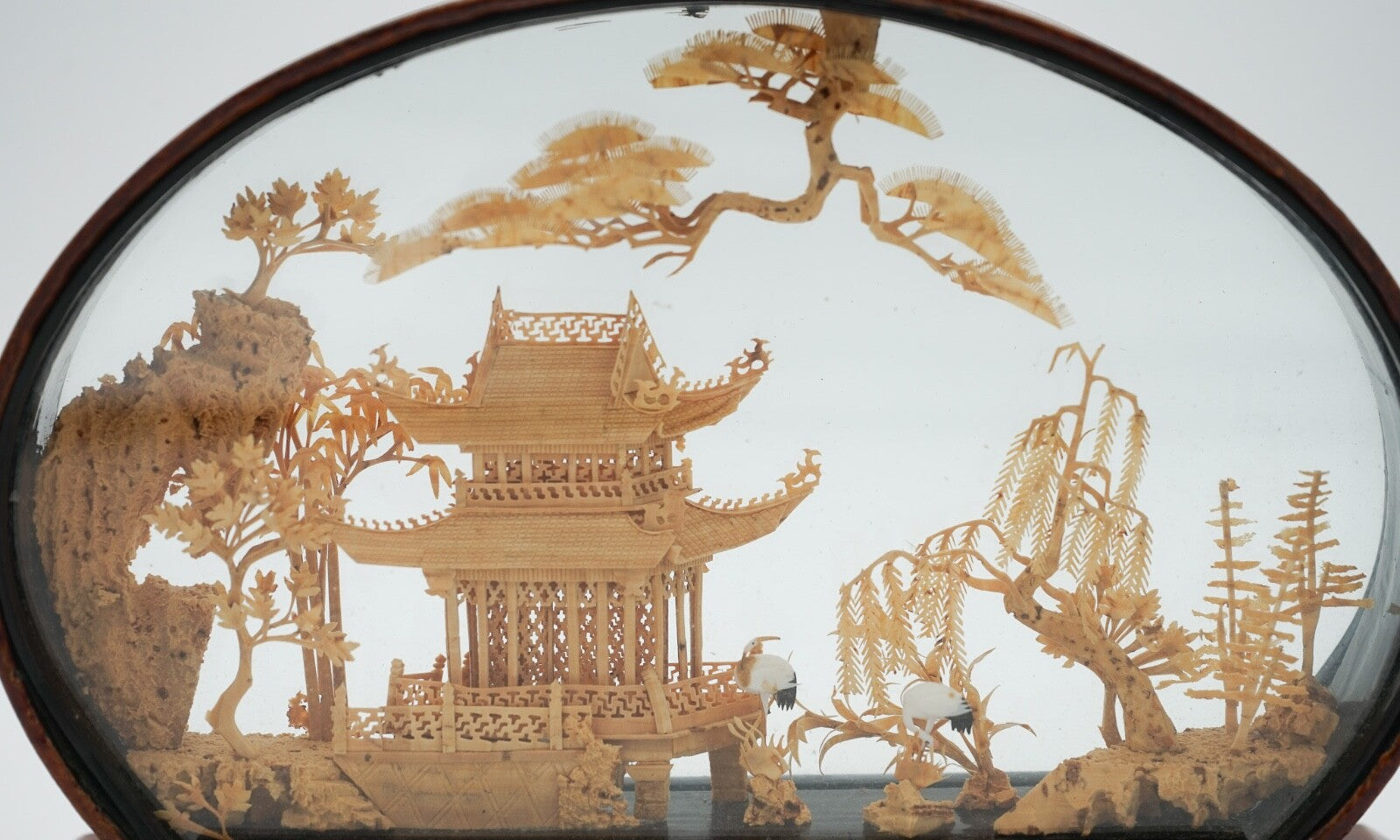 FRAMED CHINESE ORIENTAL CARVED CORK DIORAMA DISPLAY SCULPTURE VERY DECORATIVE