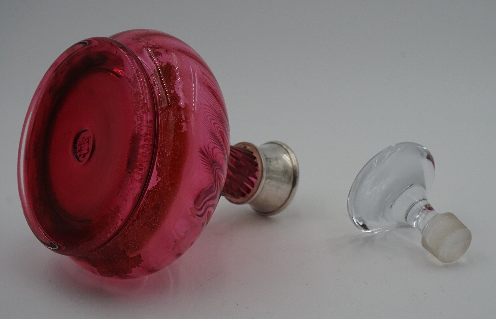 SILVER COLLARED HAND BLOWN CRANBERRY CRYSTAL DECANTER HARDWICKE COLLECTION