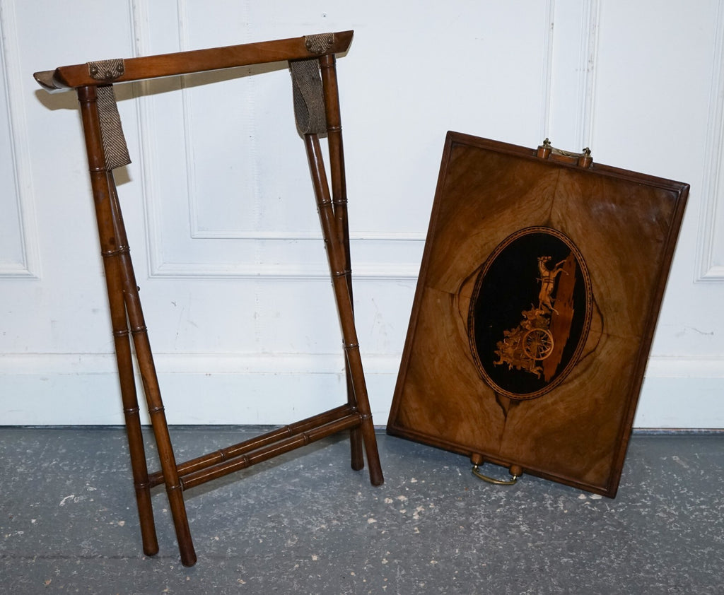 VICTORIAN DOUBLE SIDED SERVING TRAY ON BAMBOO STAND BRASS HANDLES MARQUETRY TOP