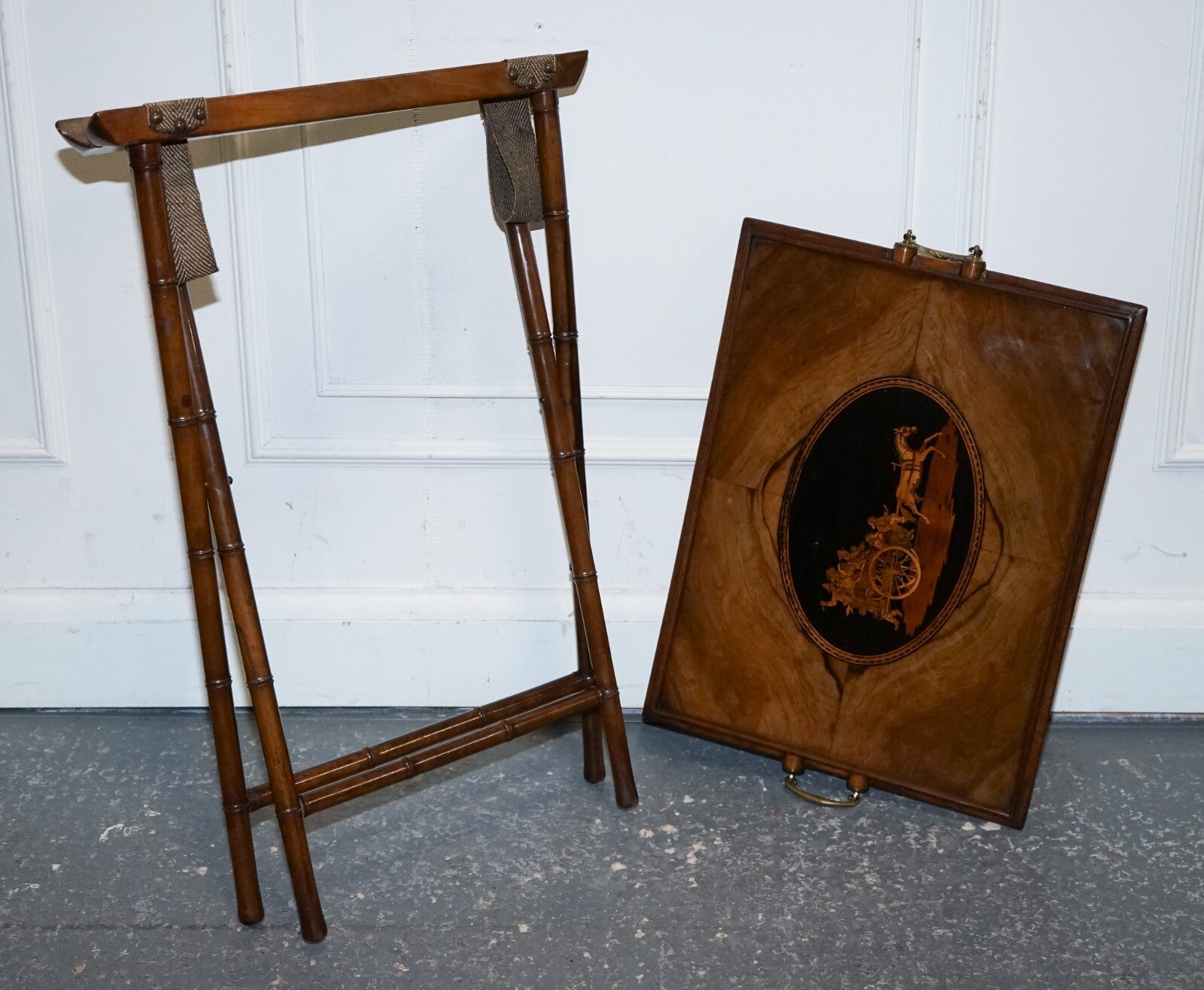 VICTORIAN DOUBLE SIDED SERVING TRAY ON BAMBOO STAND BRASS HANDLES MARQUETRY TOP