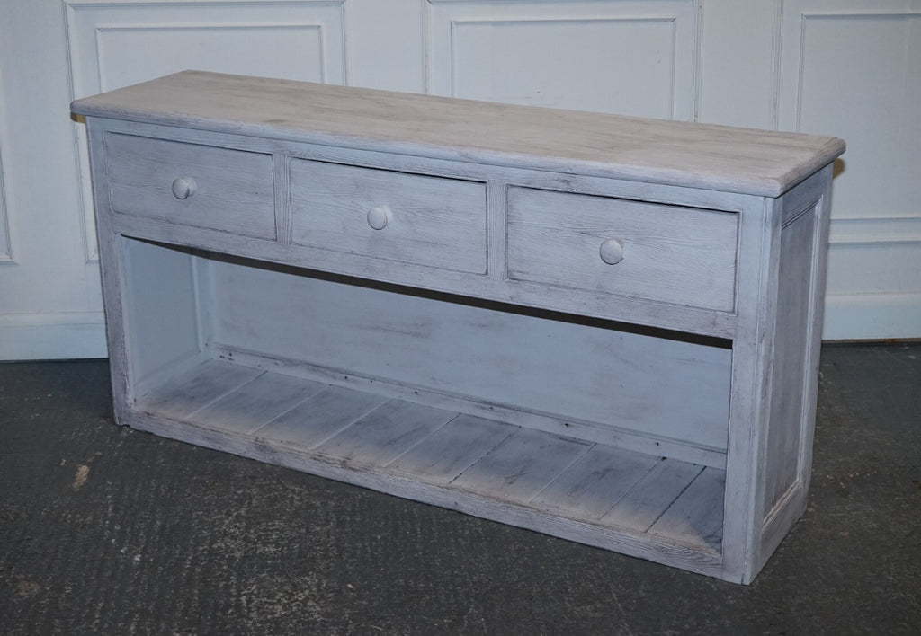 ANTIQUE HAND PAINTED ENGLISH PINE FARMHOUSE SIDEBOARD WITH THREE DRAWERS