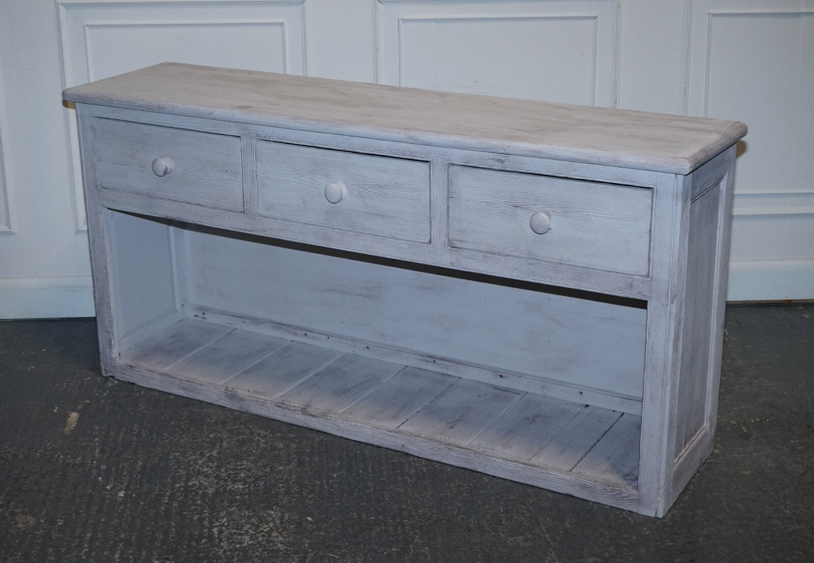 ANTIQUE HAND PAINTED ENGLISH PINE FARMHOUSE SIDEBOARD WITH THREE DRAWERS