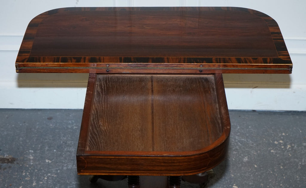 FULLY RESTORED GEORGIAN GAMES CARD FOLDING TABLE ON ORIGINAL BRASS CASTORS