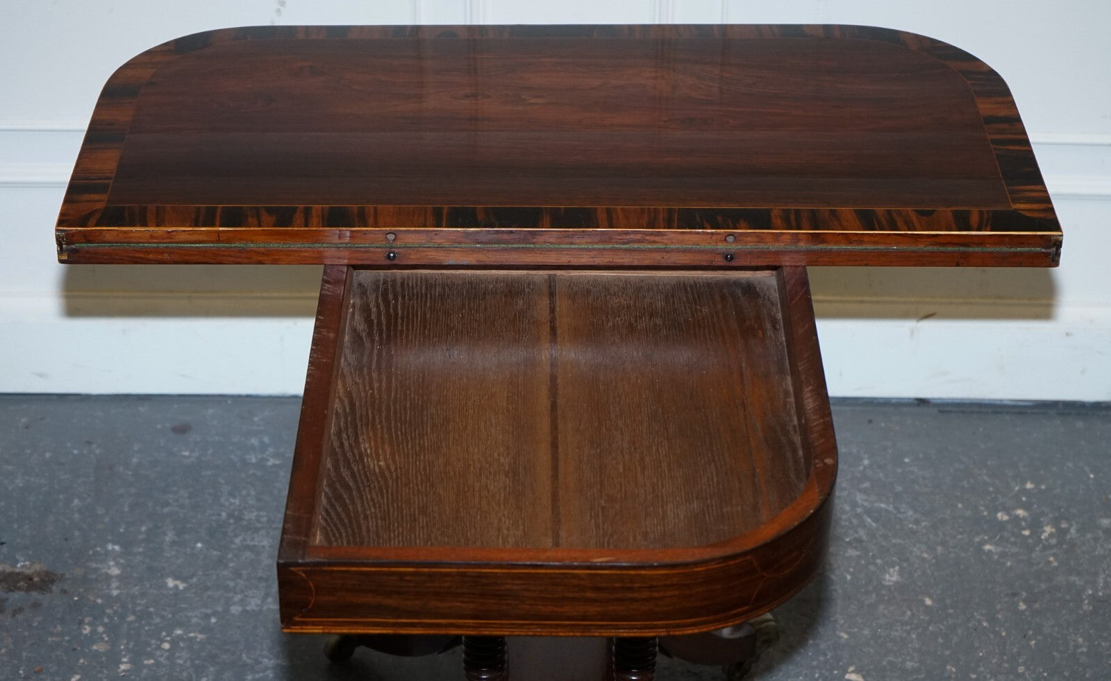 FULLY RESTORED GEORGIAN GAMES CARD FOLDING TABLE ON ORIGINAL BRASS CASTORS