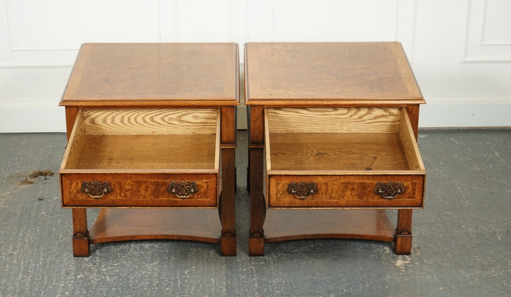 PAIR BURR WALNUT BEDSIDE NIGHTSTANDS END SIDE LAMP TABLES BRIGHTS OF NETTLEBED