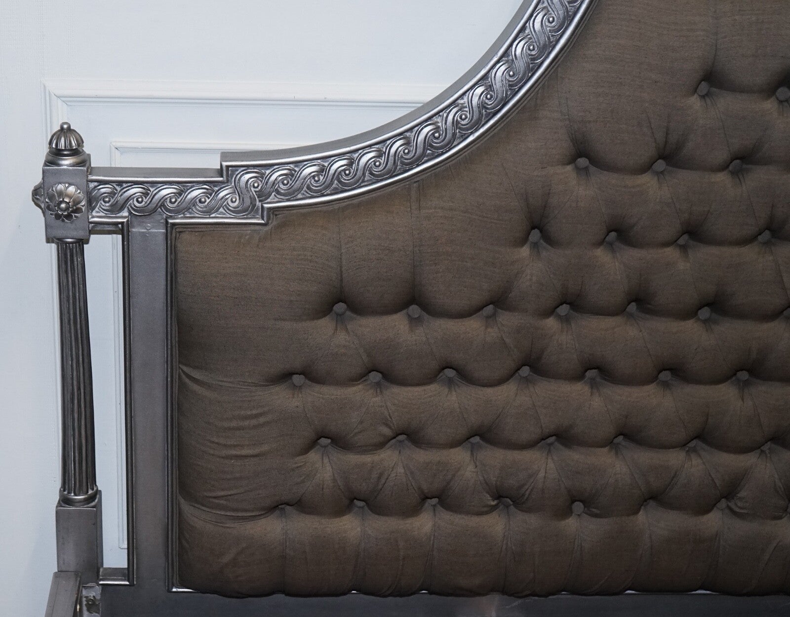 BEAUTIFUL FRENCH SILVER FRAME BUTTON BACKED KING SIZE WOODEN BED FRAME