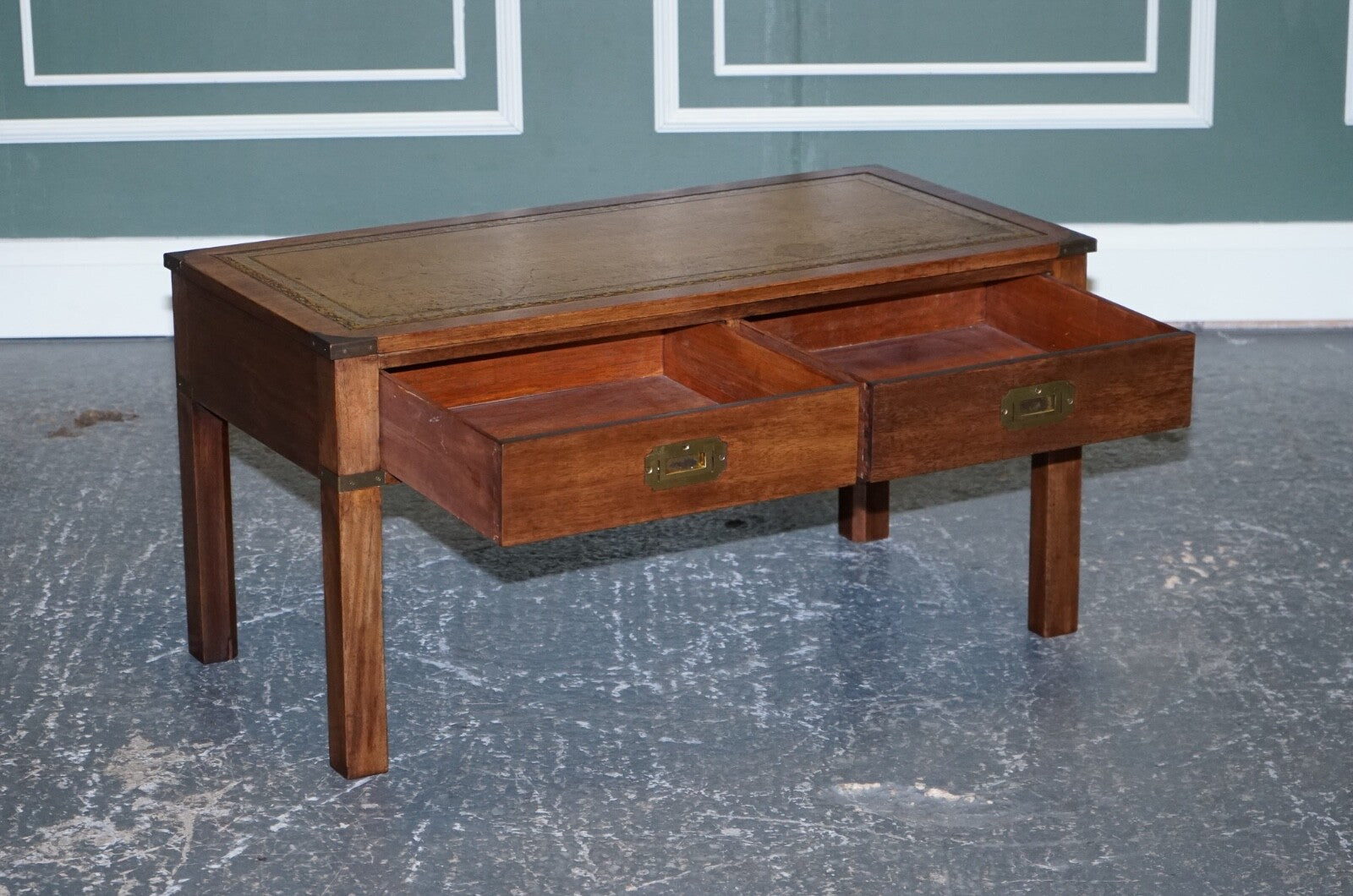 HARRODS LONDON KENNEDY MILITARY CAMPAIGN COFFEE TABLE WITH BROWN LEATHER TOP