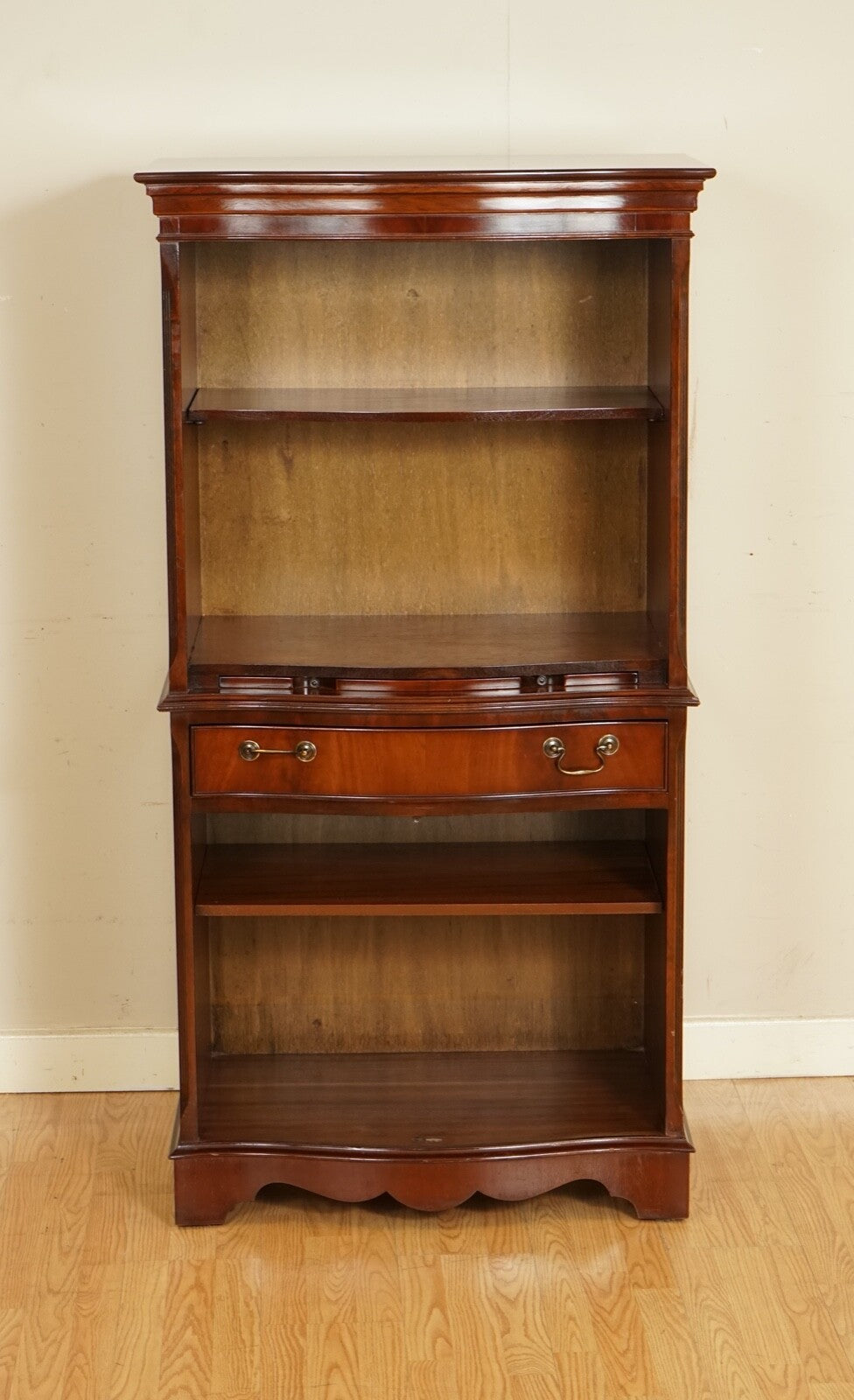 OPEN BOOKCASE CABINET WITH SHELVES SERVING TRAY AND DRAWER