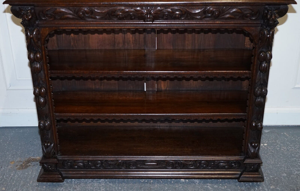 ANTIQUE CIRCA 1800 OAK GREENMAN & LIONHEADS DWARF OPEN BOOKCASE