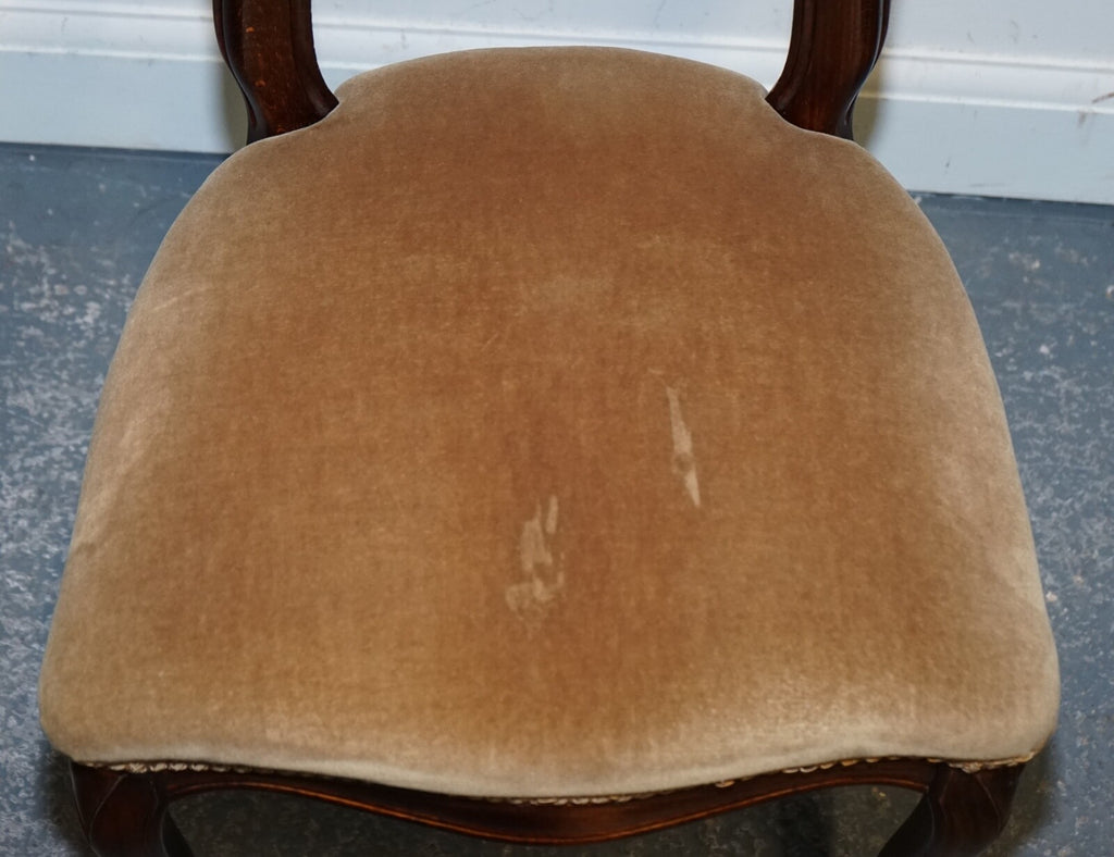 VINTAGE SET OF FOUR WOODEN BALLOON BACK DINING CHAIRS WITH VELVET SEAT