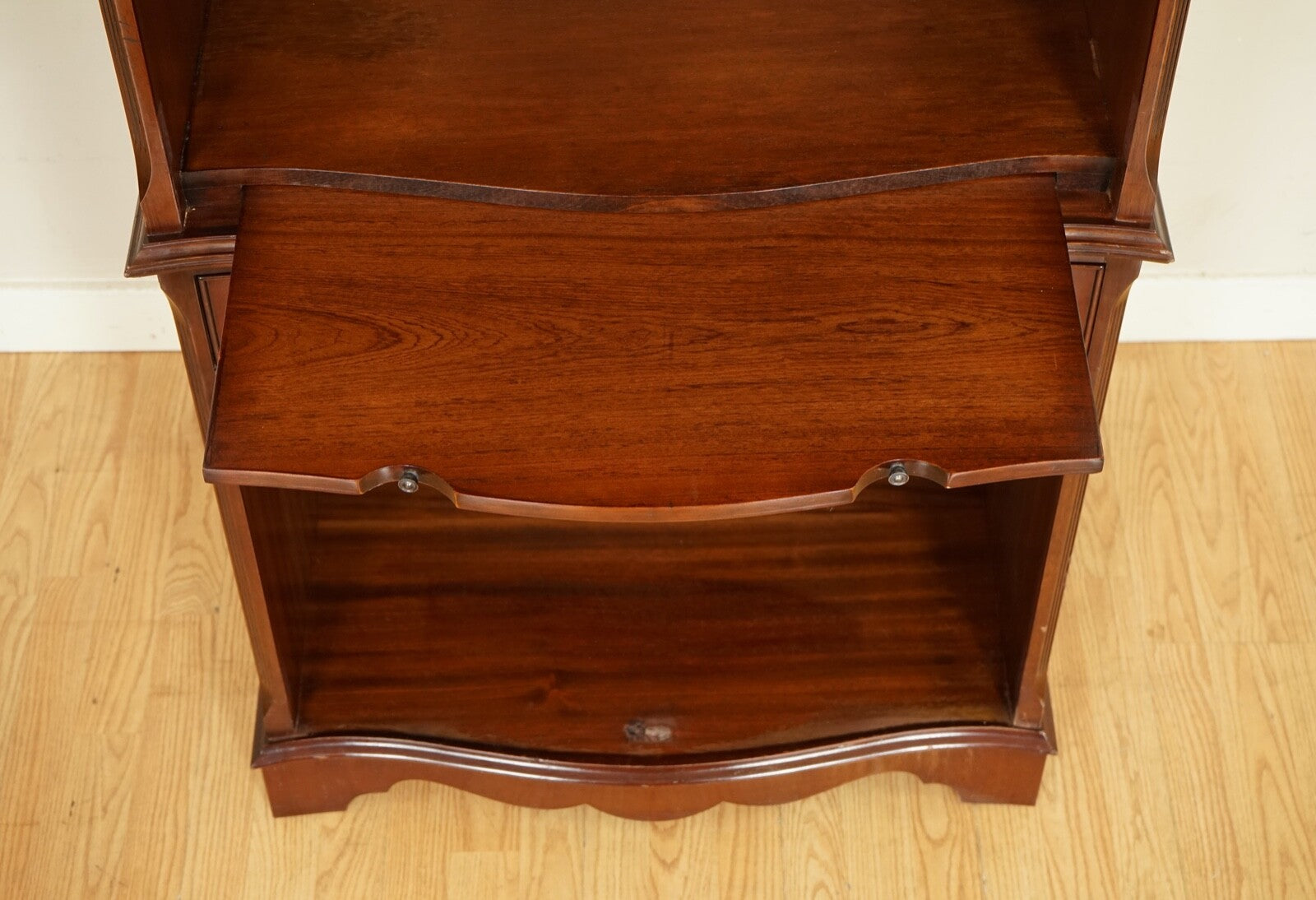 OPEN BOOKCASE CABINET WITH SHELVES SERVING TRAY AND DRAWER