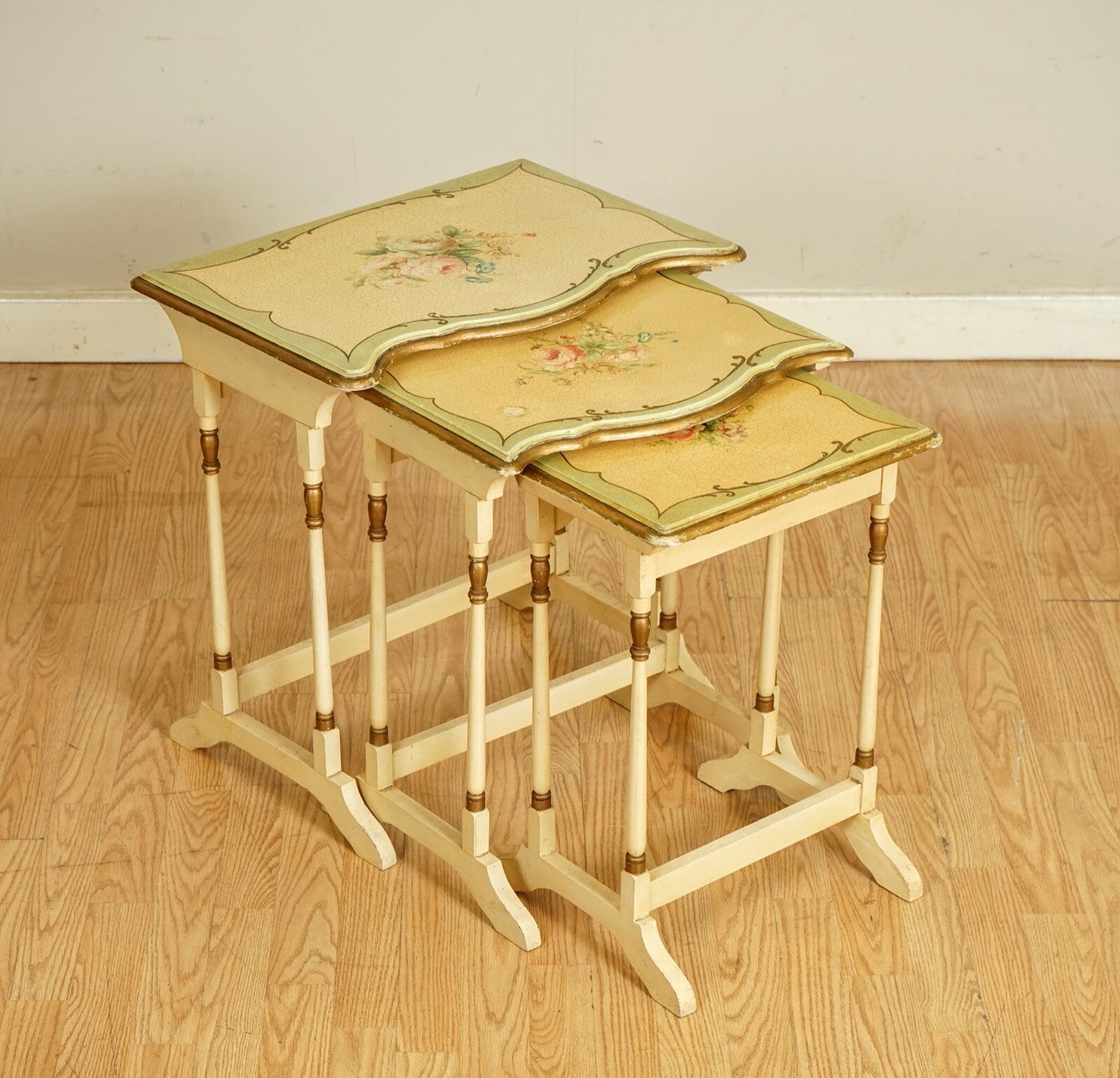 VINTAGE FRENCH HAND PAINTED FLORAL NEST OF TABLES