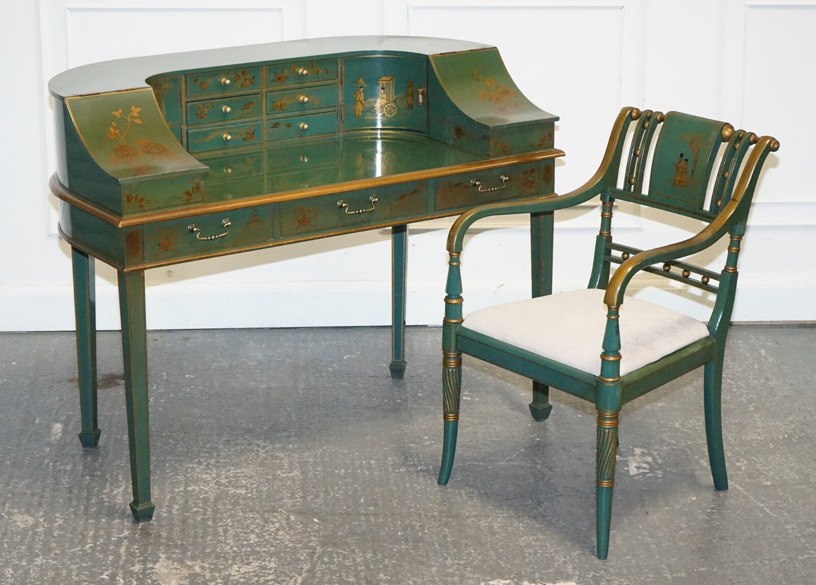 ORIENTAL CHINOISERIE GREEN & GOLD CARLTON DESK WITH MATCHING ARMCHAIR