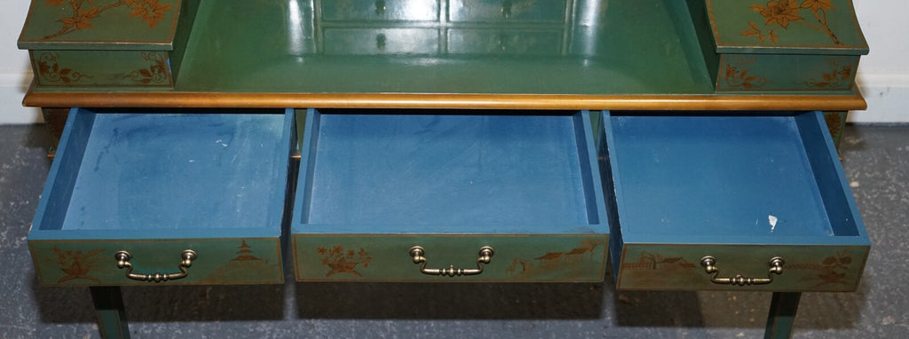 ORIENTAL CHINOISERIE GREEN & GOLD CARLTON DESK WITH MATCHING ARMCHAIR