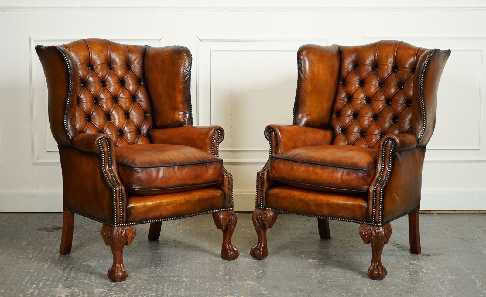 RESTORED PAIR OF HAND DYED BROWN LEATHER CHESTERFiELD WINGBACK ARMCHAIRS