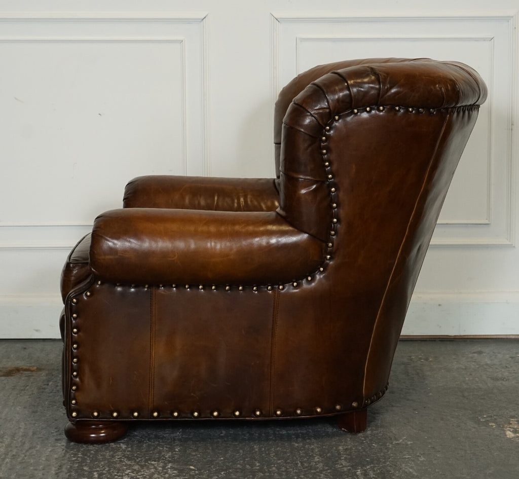 FULLY RESTORED HAND DYED LEATHER WRITERS READING ARMCHAIR WITH FOOTSTOOL