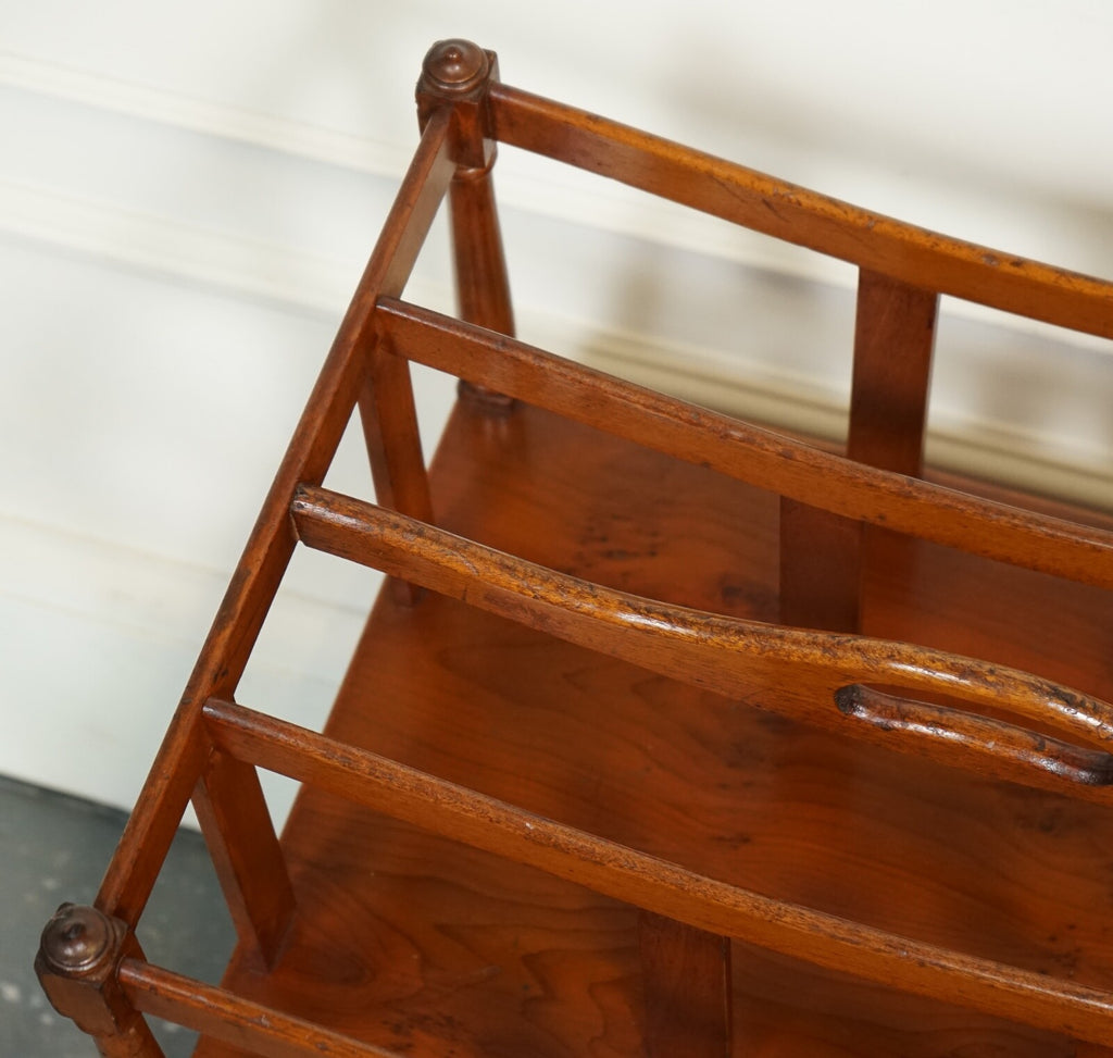 VINTAGE WALNUT CANTERBURY NEWSPAPER RACK WITH BRASS HANDLES J1