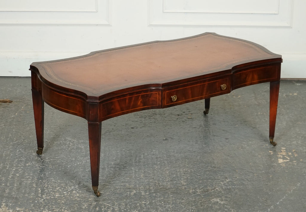 VINTAGE HEIRLOOM WEIMAN BROWN LEATHER TOP COFFEE TABLE