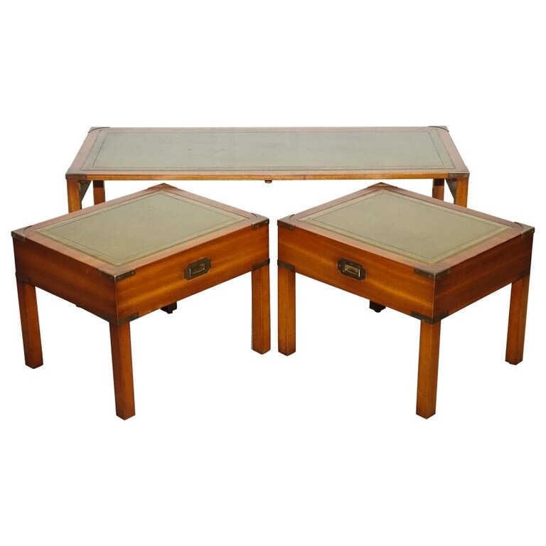 BEVAN FUNNELL COFFEE TABLE WITH TWO SIDE UNDERTABLES GREEN LEATHER TOP