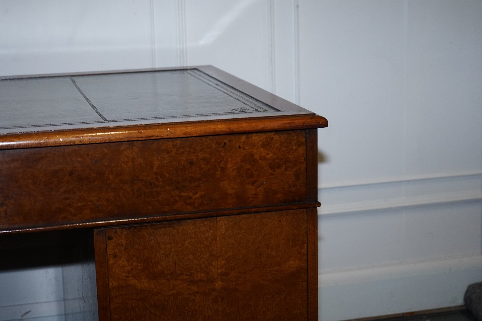 ONE OF A KiND RESTORED VICTORIAN BURR WALNUT HAND DYED LEATHER PEDESTAL DESK