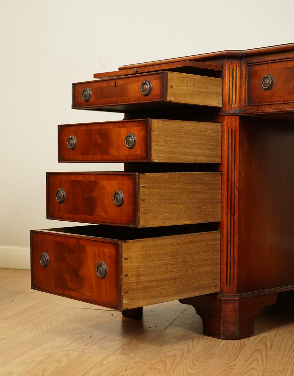 E.G HUDSON FULLY RESTORED TWIN PEDESTAL MAHOGANY DESK WITH GREEN LEATHER TOP