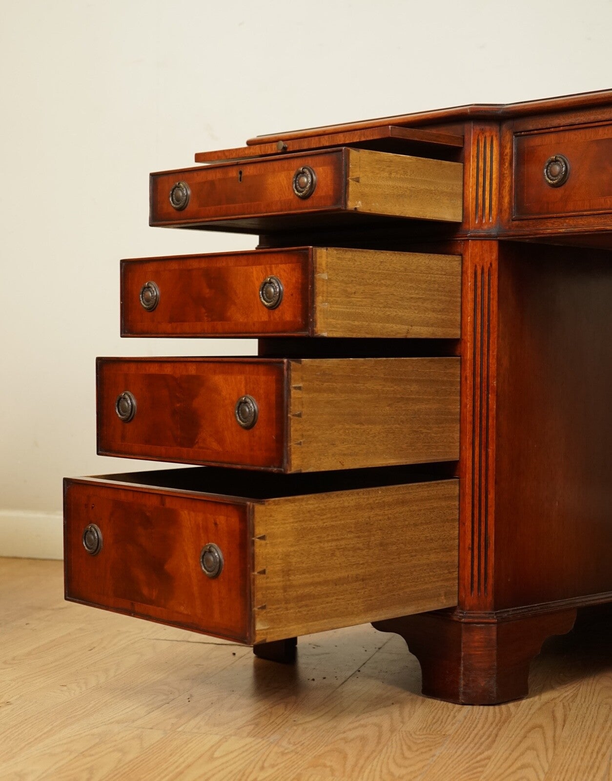 E.G HUDSON FULLY RESTORED TWIN PEDESTAL MAHOGANY DESK WITH GREEN LEATHER TOP