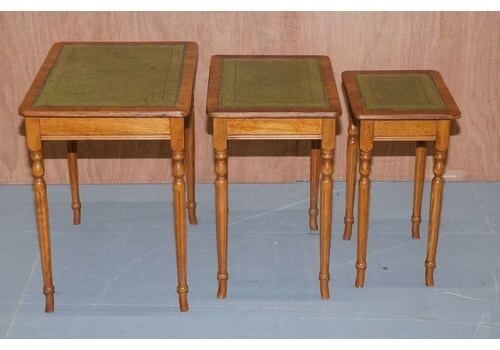 Nest Of Three Yew Wood Green Leather Top & Gold Leaf Embossed Side Tables