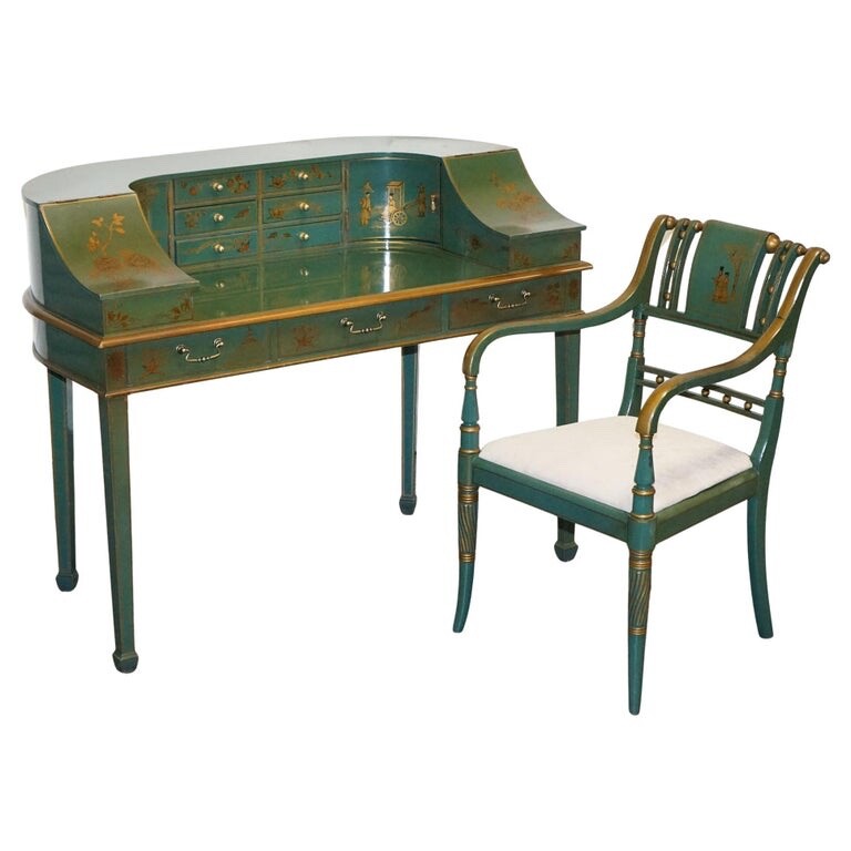 ORIENTAL CHINOISERIE GREEN & GOLD CARLTON DESK WITH MATCHING ARMCHAIR