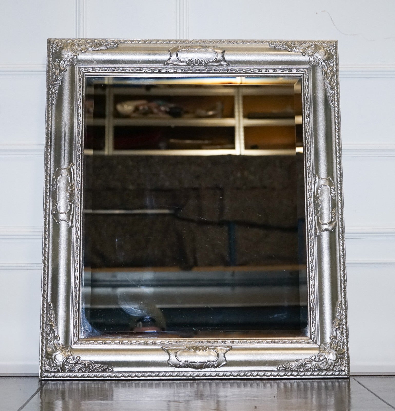 VINTAGE SILVER CARVED SILVER BEVELLED RECTANGULAR MiRROR