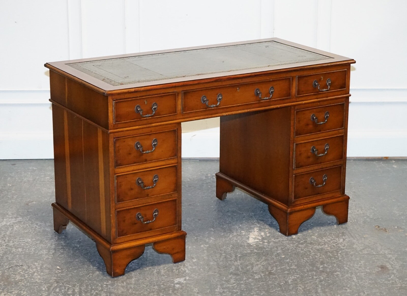 VINTAGE YEW WOOD TWIN PEDESTAL GREEN LEATHER TOP DESK