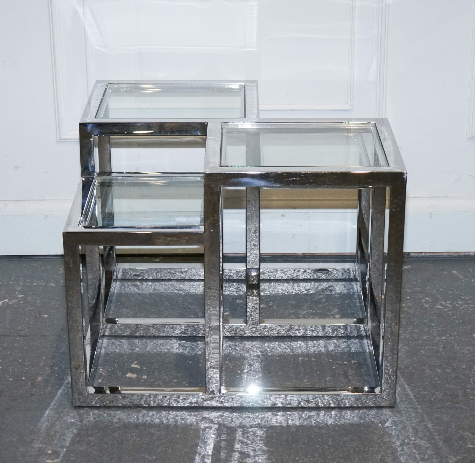 PAIR OF CASA PADRINO ART DECO STYLE GLASS POLISHED STAINLESS STEEL SIDE TABLES