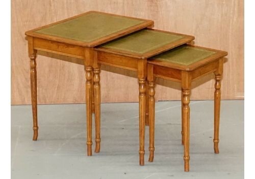 Nest Of Three Yew Wood Green Leather Top & Gold Leaf Embossed Side Tables