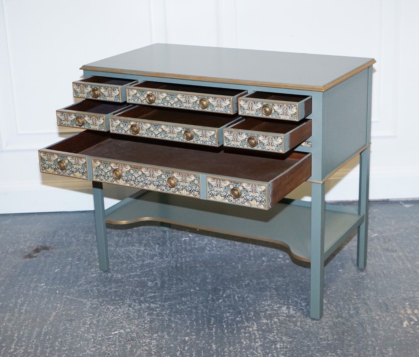 EUCALYPTUS GREEN & GOLD CONSOLE TABLE SIDEBOARD STRAWBERRY THIEF WILLIAM MORRIS