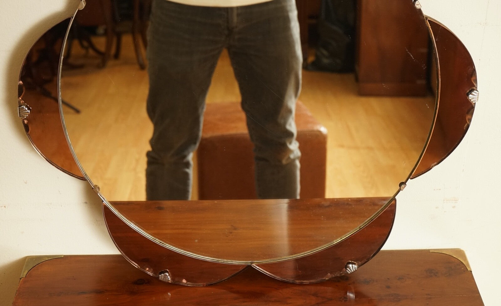 STUNNING 1930's AMBER/PEACH IN SHAPE OF A FLOWER BEVELLED MIRROR